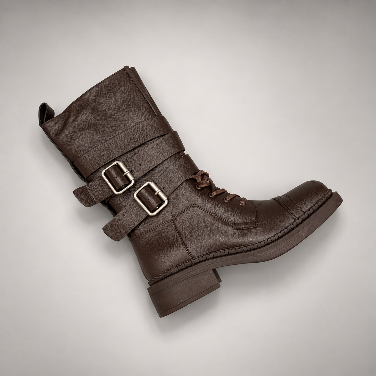 Brown Double-Buckle Lace-Up Mid-Calf Leather Boots product view 7