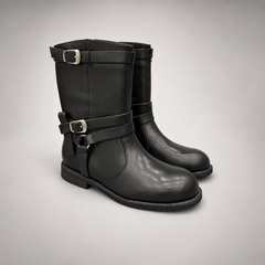 Black Double-Buckle Mid-Calf Leather Boots product view 1