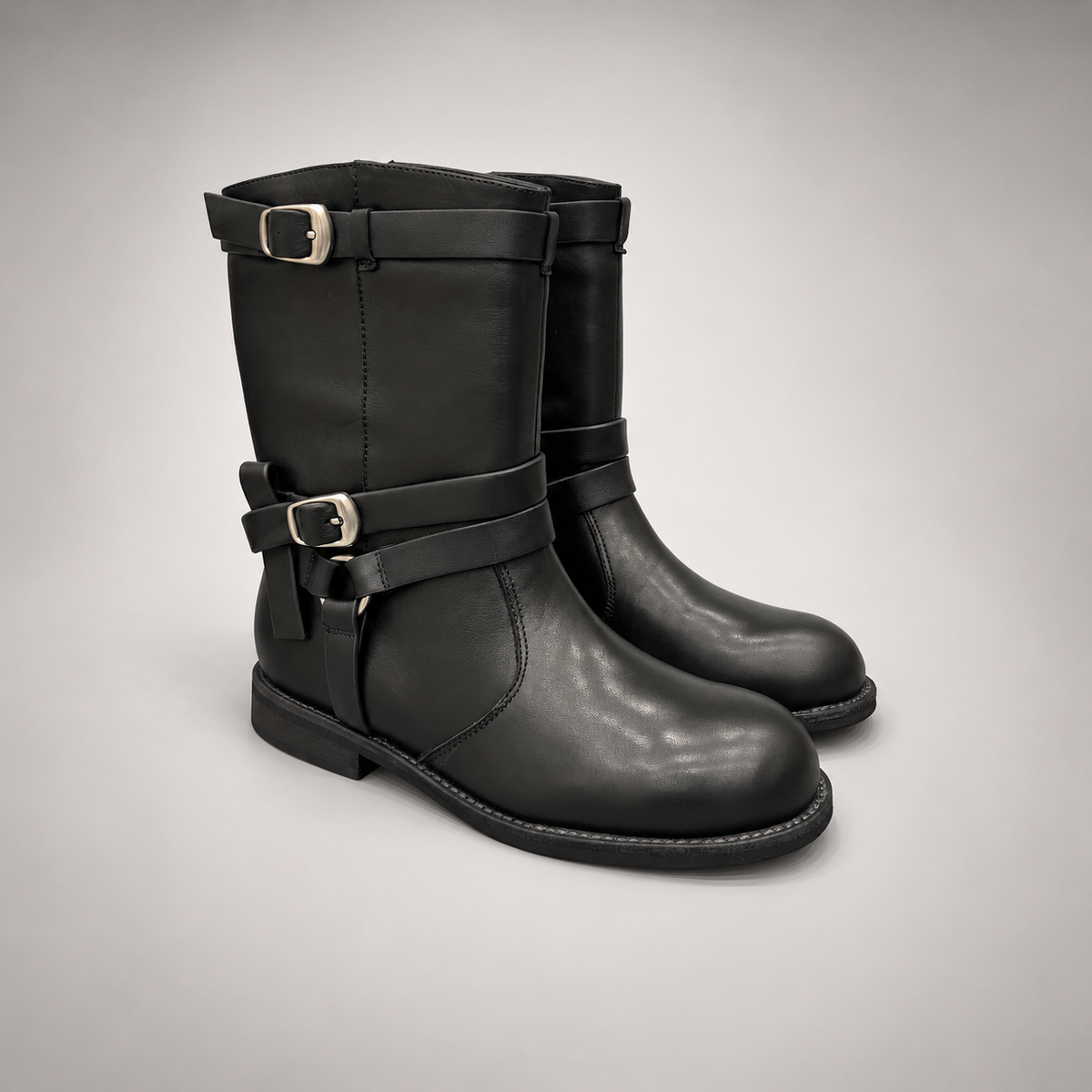 Black Double-Buckle Mid-Calf Leather Boots product view 1