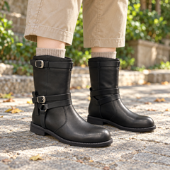 Black Double-Buckle Mid-Calf Leather Boots on foot
