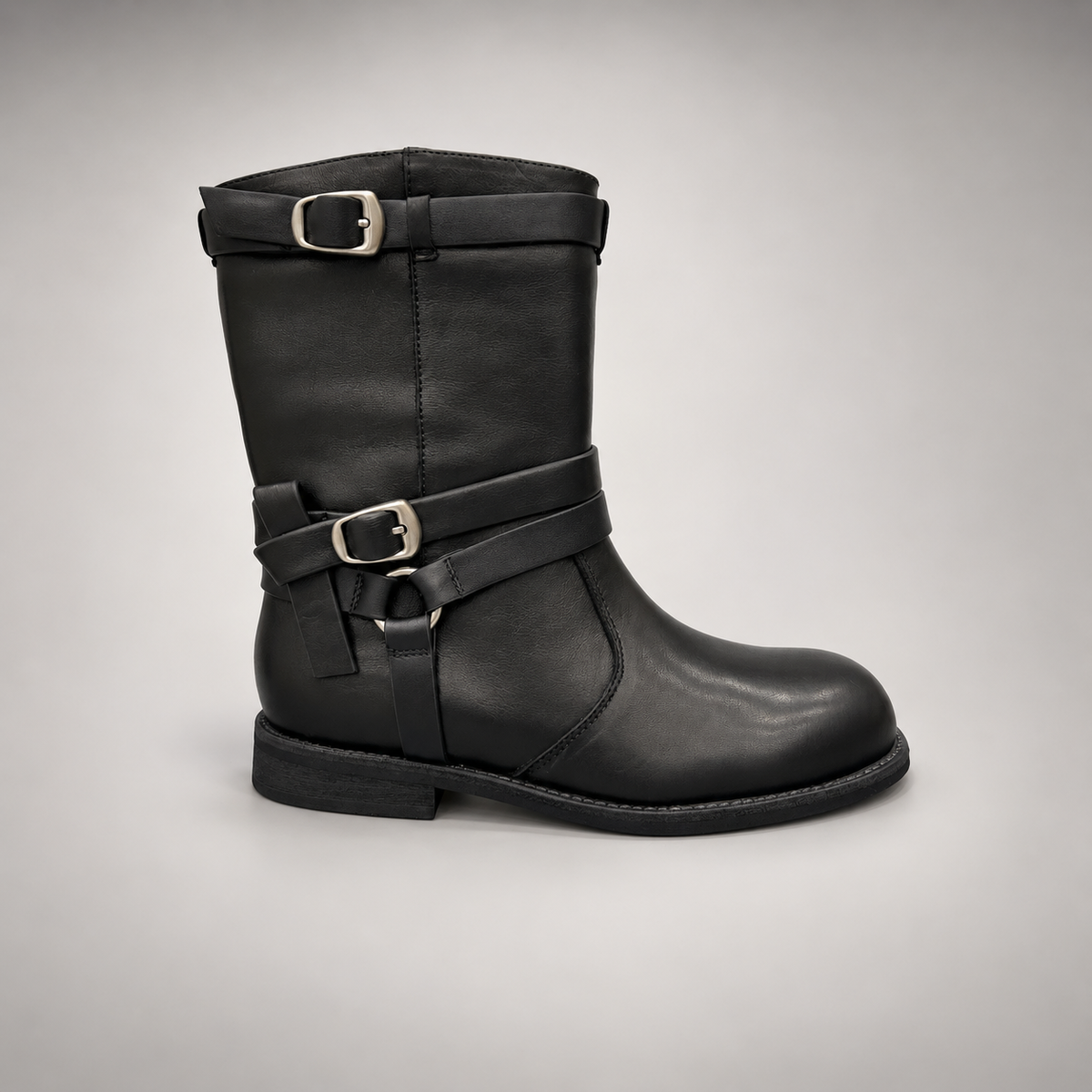 Black Double-Buckle Mid-Calf Leather Boots product view 3