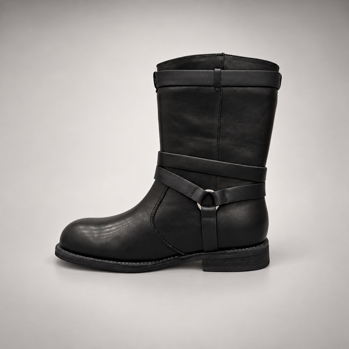 Black Double-Buckle Mid-Calf Leather Boots product view 4