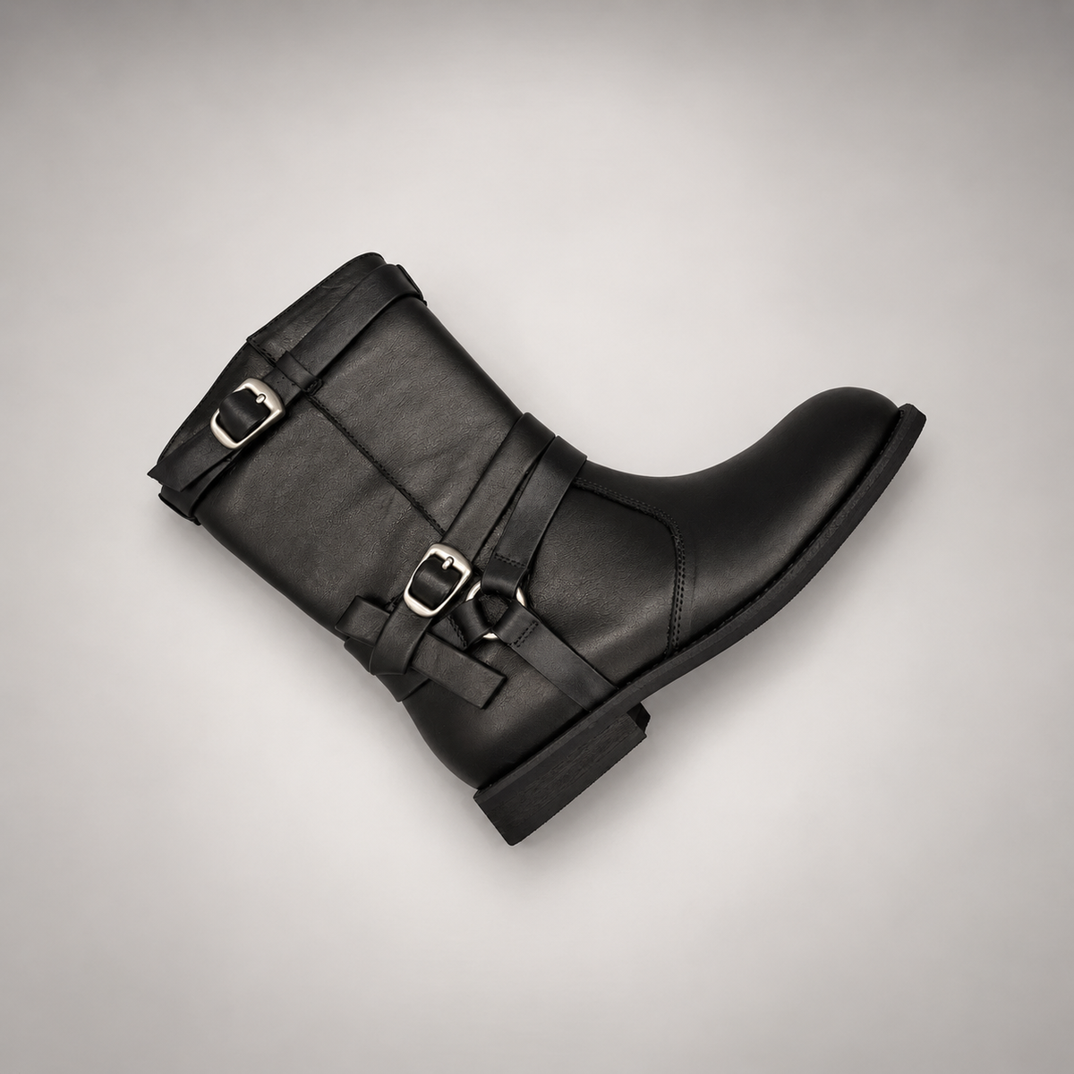 Black Double-Buckle Mid-Calf Leather Boots product view 7