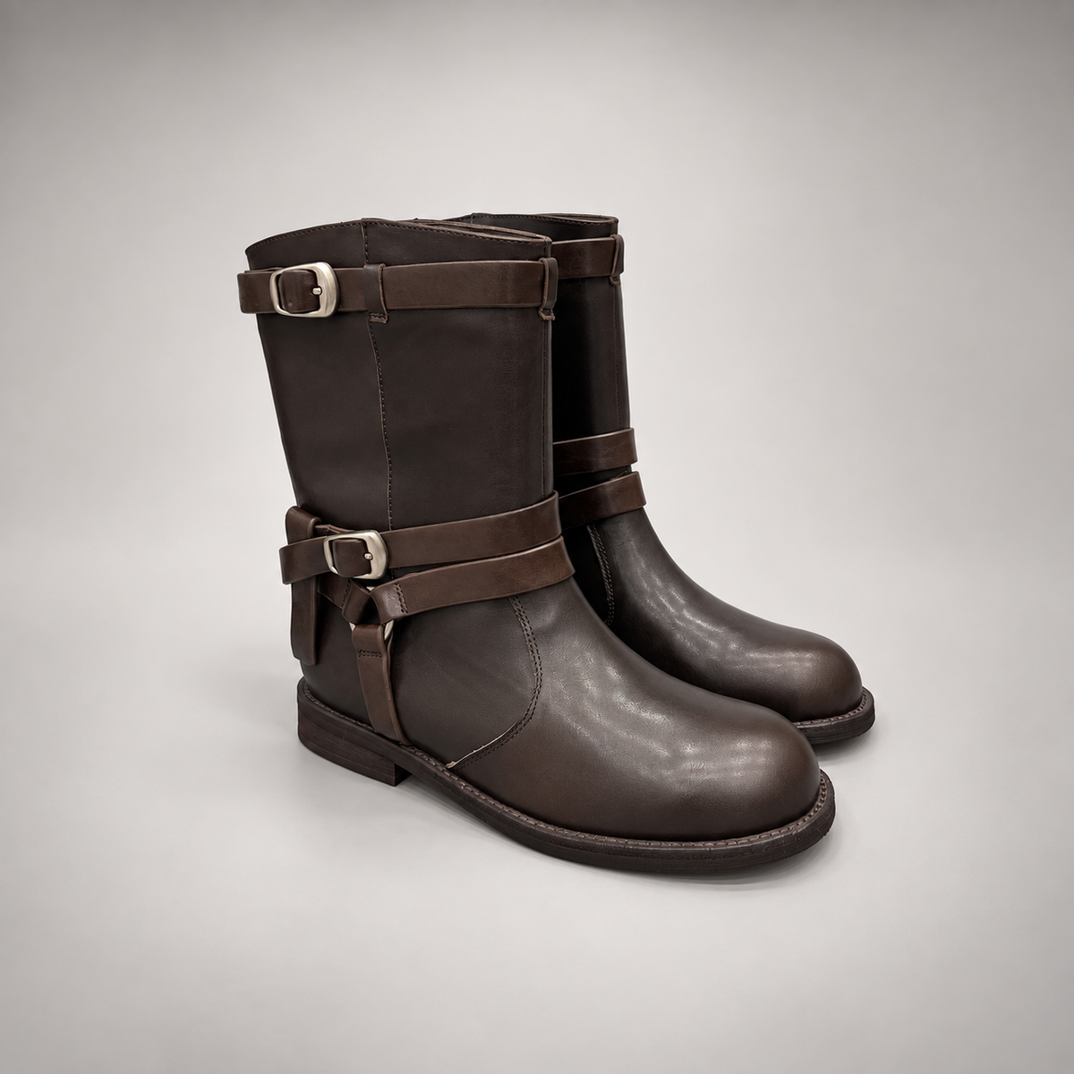 Brown Double-Buckle Mid-Calf Leather Boots product view 1