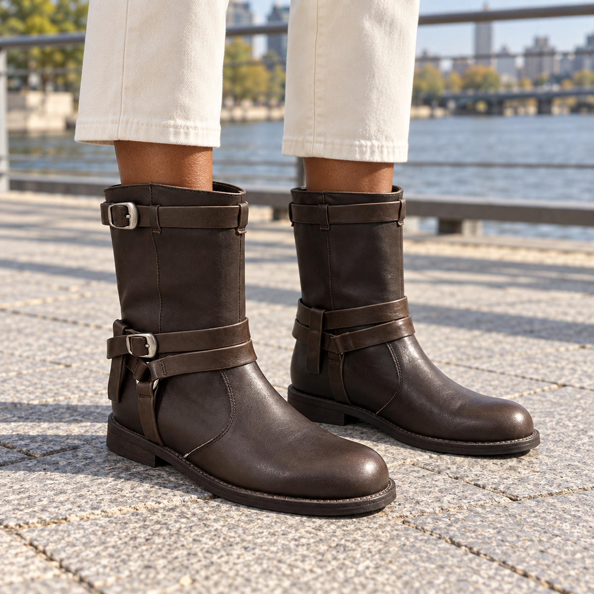 Brown Double-Buckle Mid-Calf Leather Boots on foot
