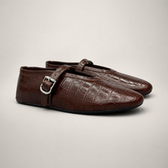 Brown croc-embossed buckle-strap flat pair three-quarter view