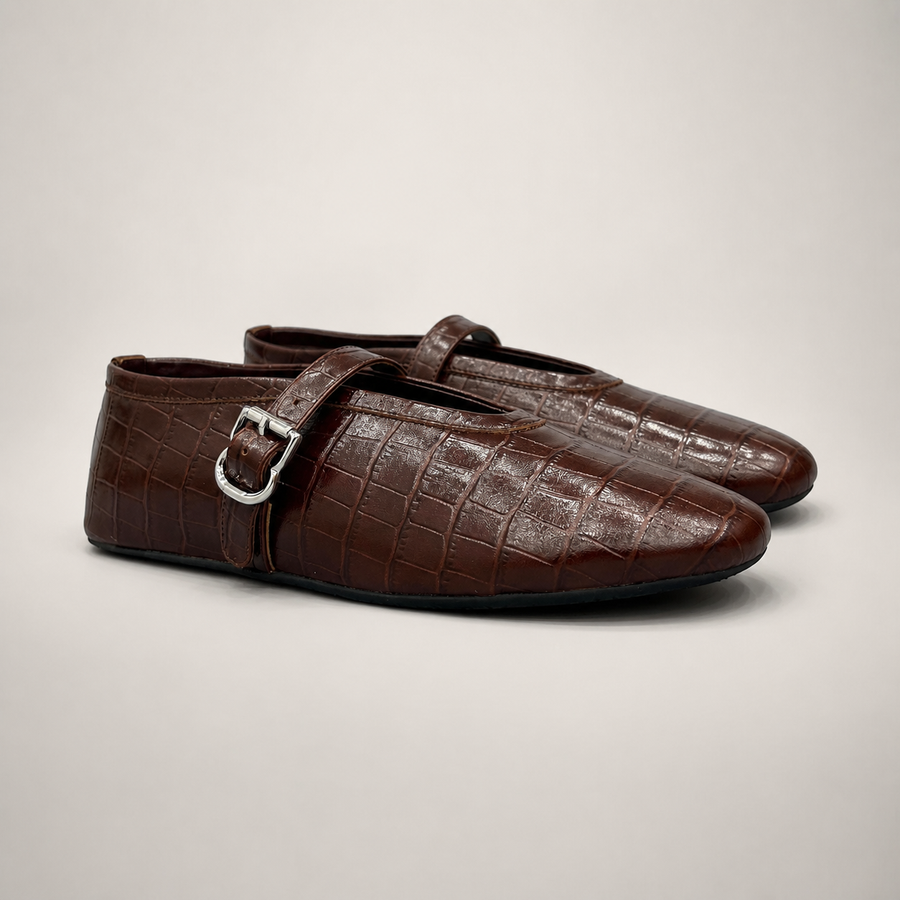 Brown croc-embossed buckle-strap flat pair three-quarter view