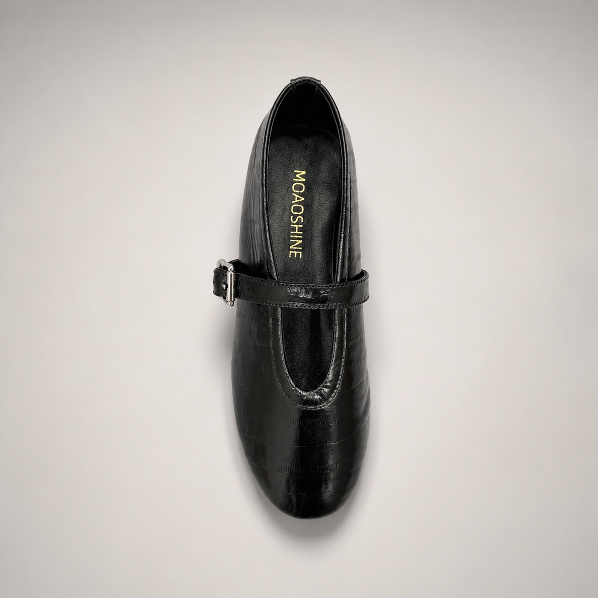 Black eel-embossed buckle-strap flat product view 4