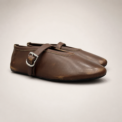 Brown buckle-strap flat pair three-quarter view