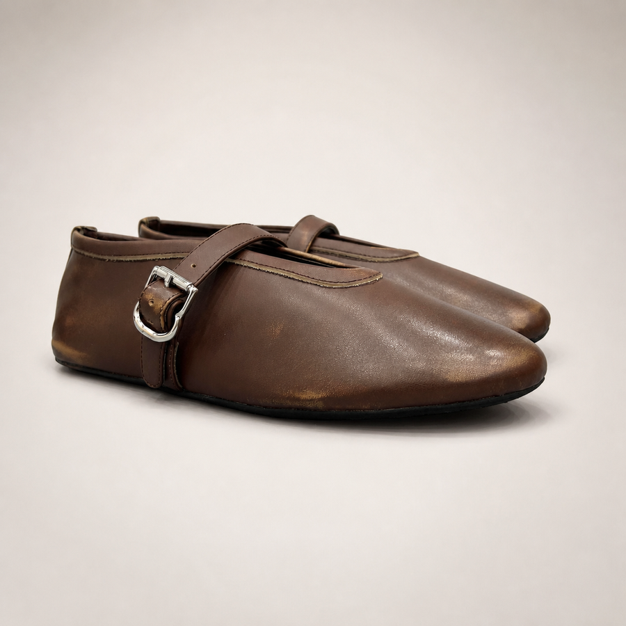 Brown buckle-strap flat pair three-quarter view
