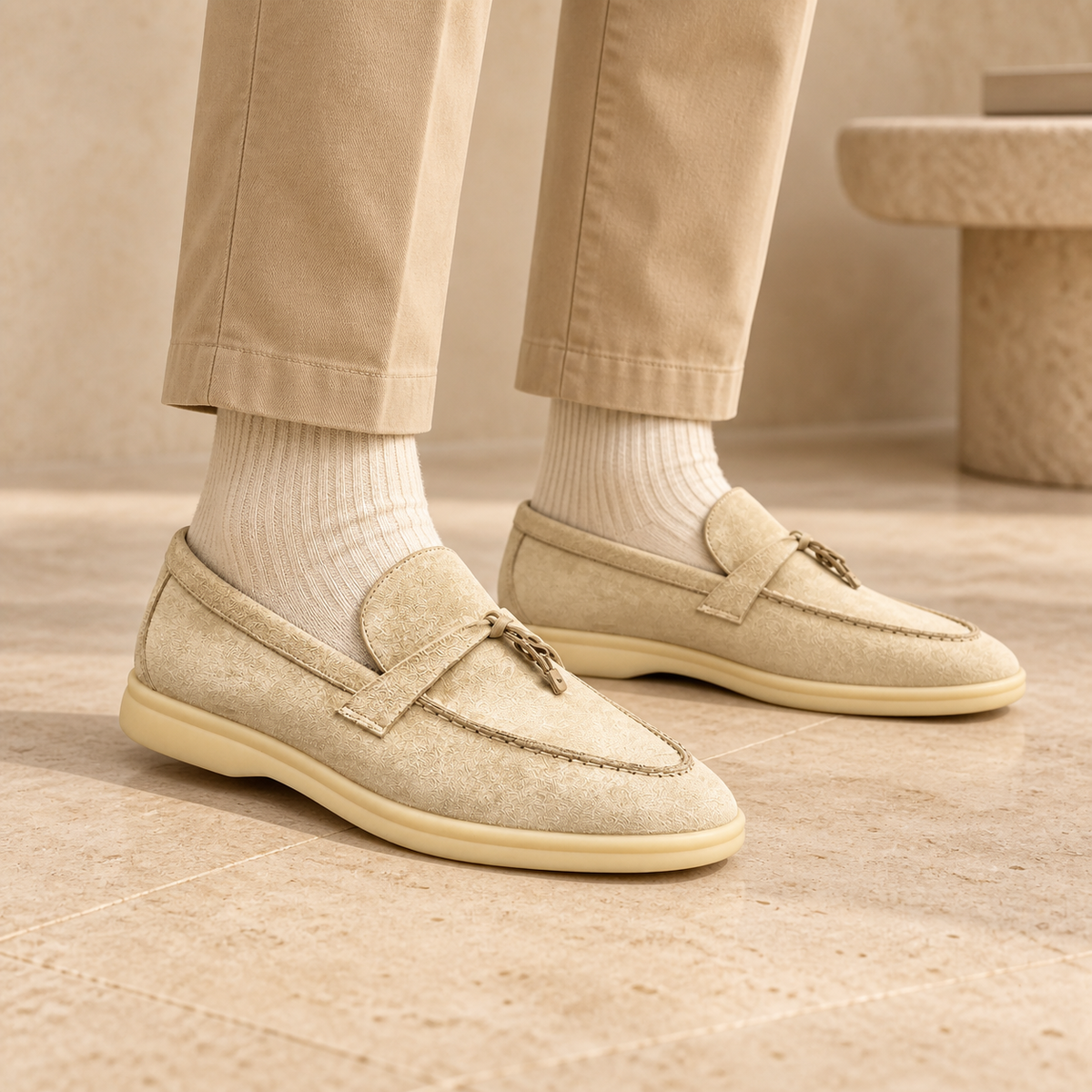 Cream sheep-suede tassel loafers worn with beige cropped chinos and cream socks