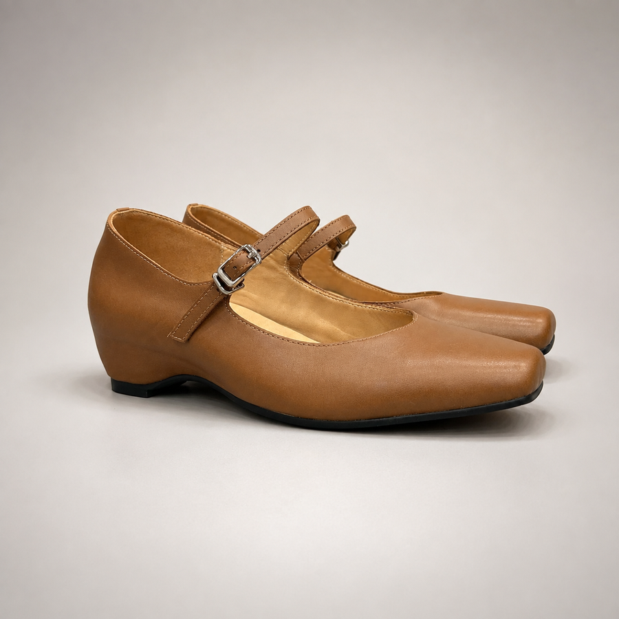 Brown Mary Jane pump pair three-quarter view
