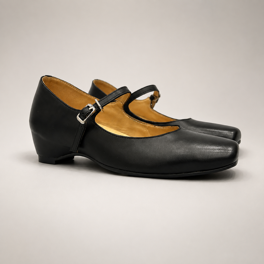 Black Mary Jane pump pair three-quarter view