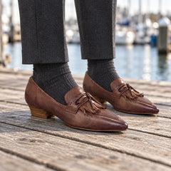 Brown Washed Cowhide Pointed-Toe Tassel Loafers