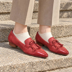 Red Washed Cowhide Pointed-Toe Tassel Loafers