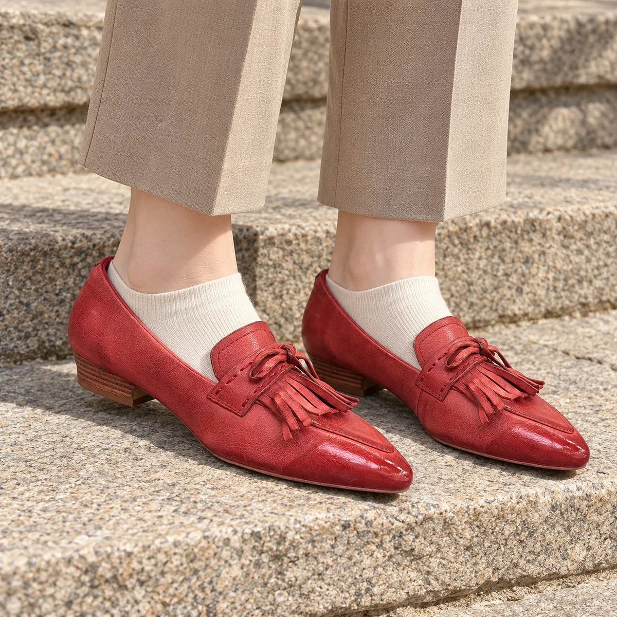 Red Washed Cowhide Pointed-Toe Tassel Loafers