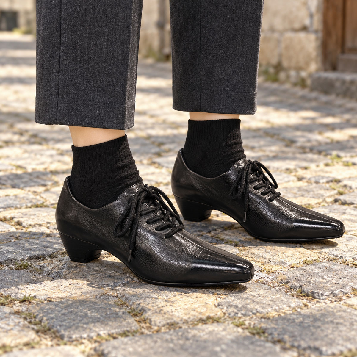 Black Washed Cowhide Pointed-Toe Heeled Oxfords