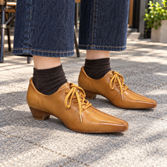 Tan Washed Cowhide Pointed-Toe Heeled Oxfords