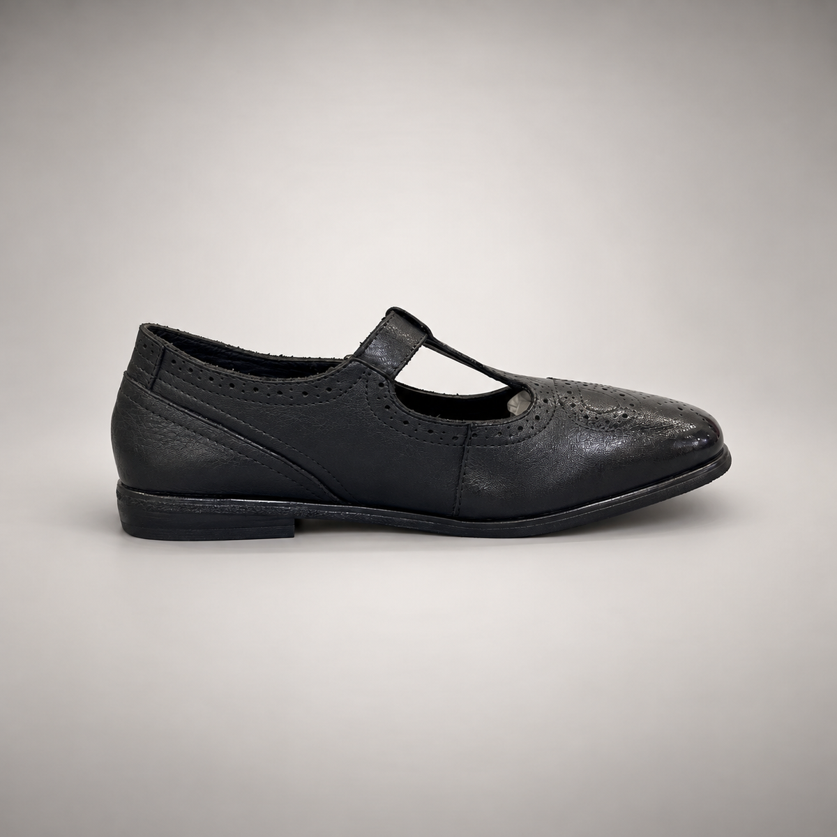 Black Horse Leather Brogue T-Strap Flats product view 3