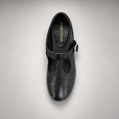 Black Washed Cowhide Brogue T-Strap Flats