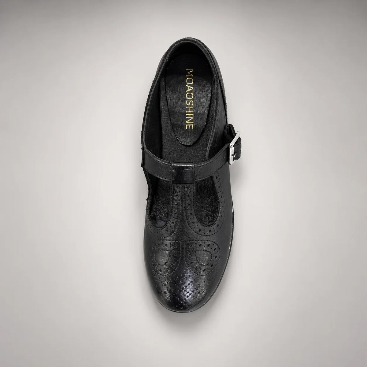 Black Washed Cowhide Brogue T-Strap Flats