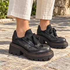 Black Leather Chunky Platform Lace-Up Shoes on foot