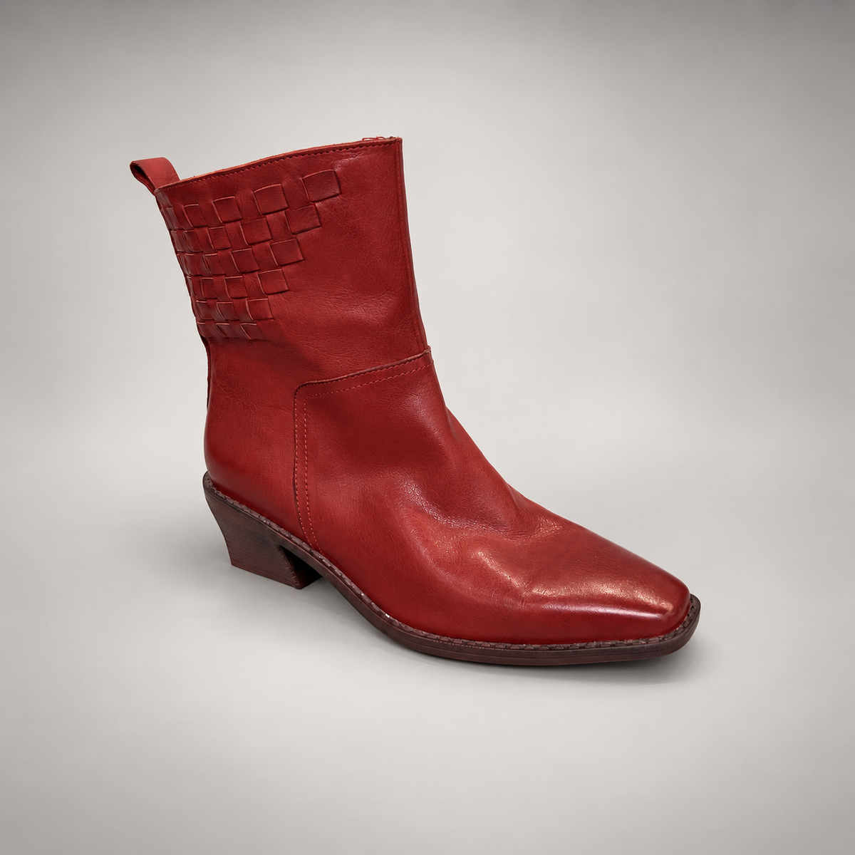 Red Horse Leather Woven-Detail Block-Heel Ankle Boots product view 1
