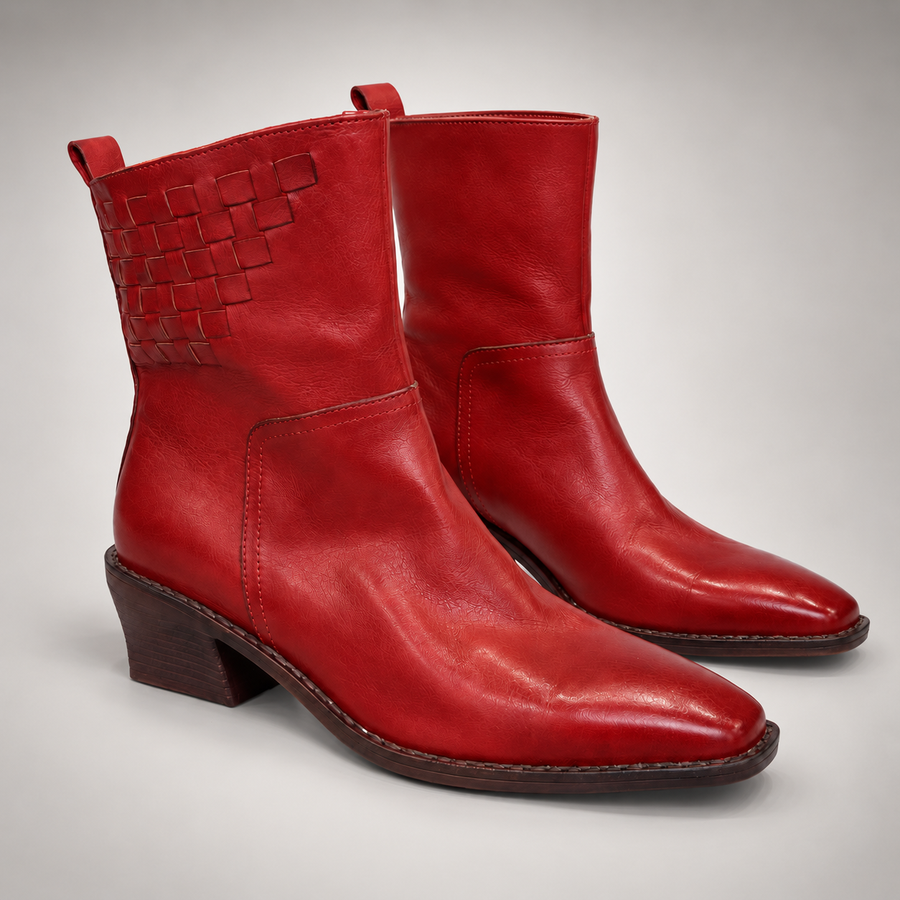 Red Horse Leather Woven-Detail Block-Heel Ankle Boots product view 8