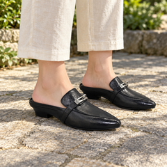 Black Horse Leather Metal-Accent Pointed-Toe Mules on foot