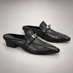 Black Horse Leather Metal-Accent Pointed-Toe Mules product view 8