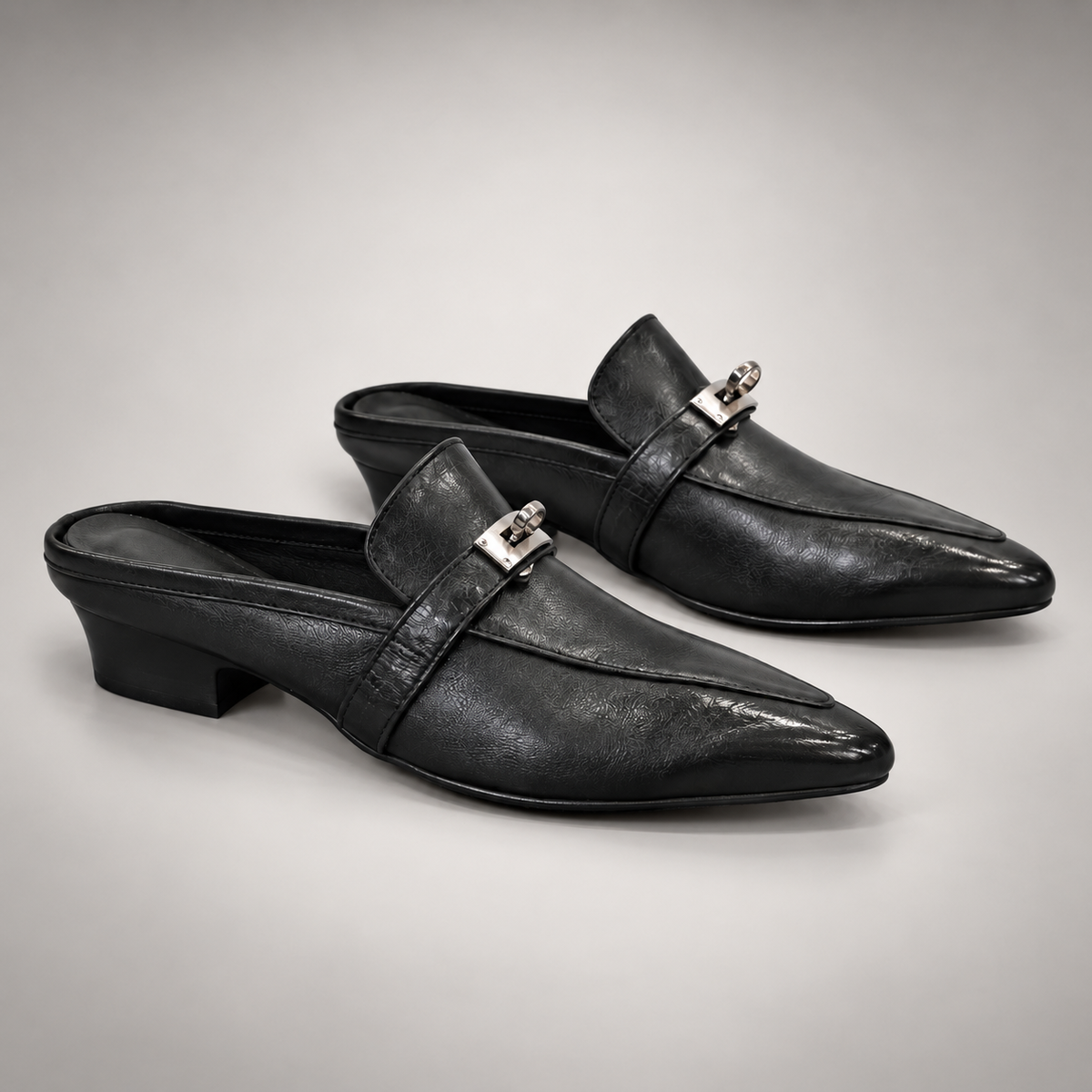 Black Horse Leather Metal-Accent Pointed-Toe Mules product view 8