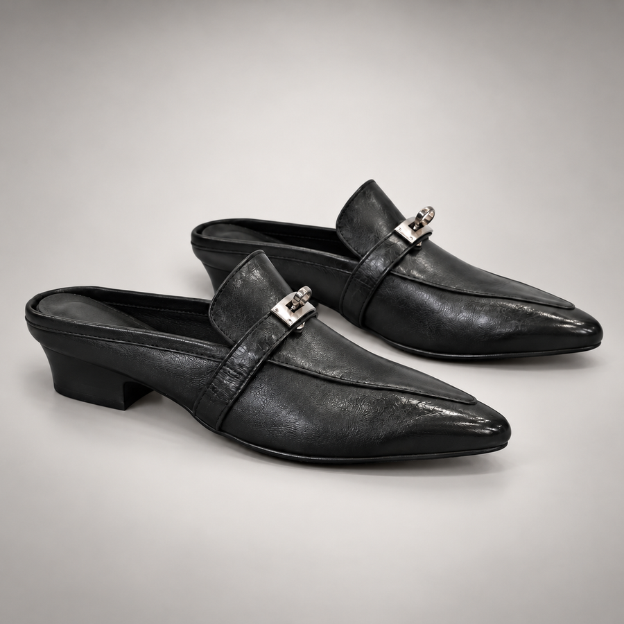 Black Horse Leather Metal-Accent Pointed-Toe Mules product view 8