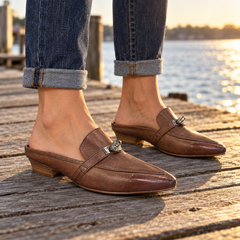 Brown Horse Leather Metal-Accent Pointed-Toe Mules on foot
