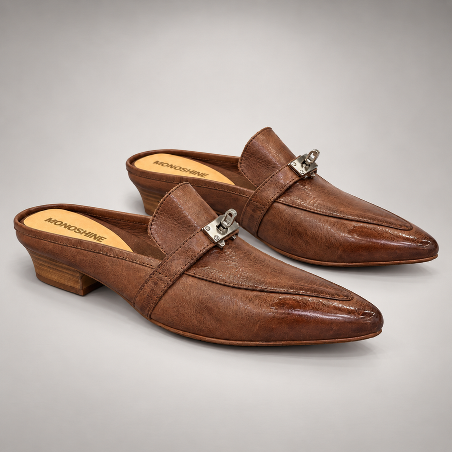 Brown Horse Leather Metal-Accent Pointed-Toe Mules product view 8