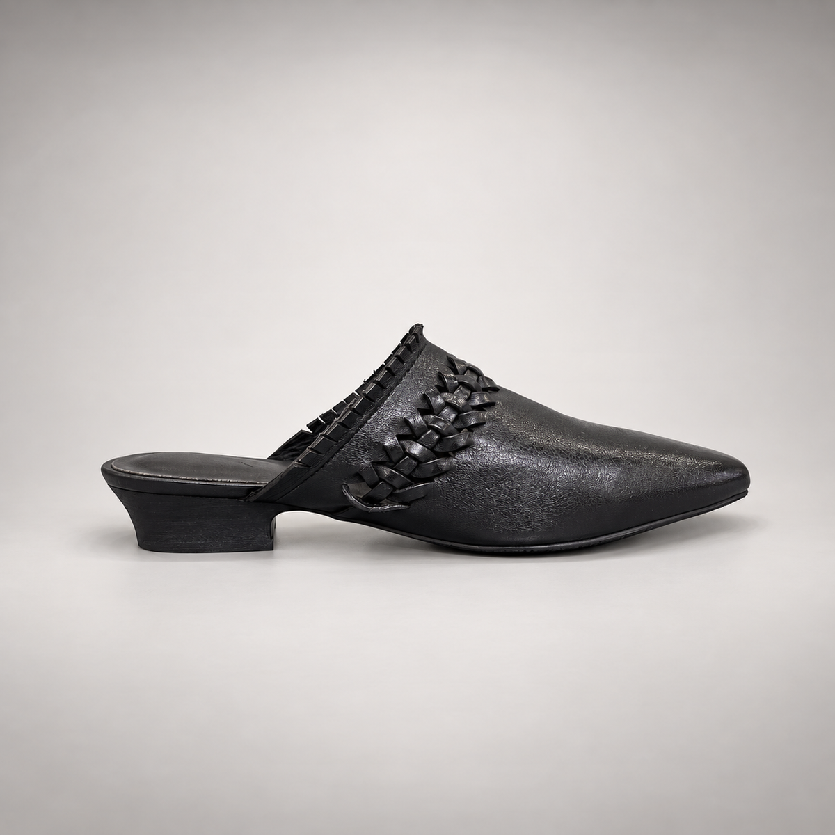 Black Horse Leather Woven-Trim Pointed-Toe Mules product view 1