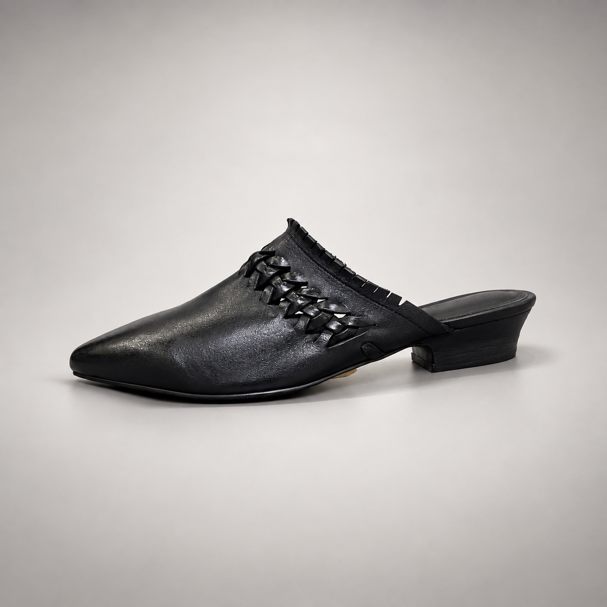 Black Horse Leather Woven-Trim Pointed-Toe Mules product view 3