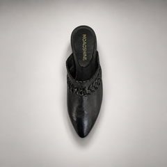 Black Horse Leather Woven-Trim Pointed-Toe Mules product view 5