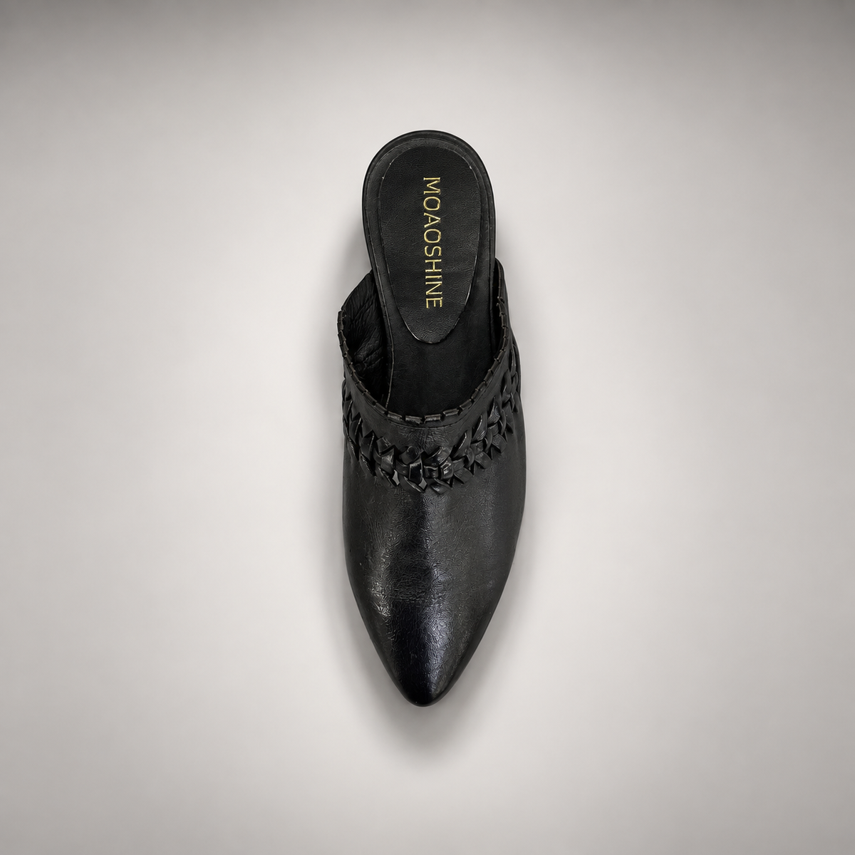 Black Horse Leather Woven-Trim Pointed-Toe Mules product view 5