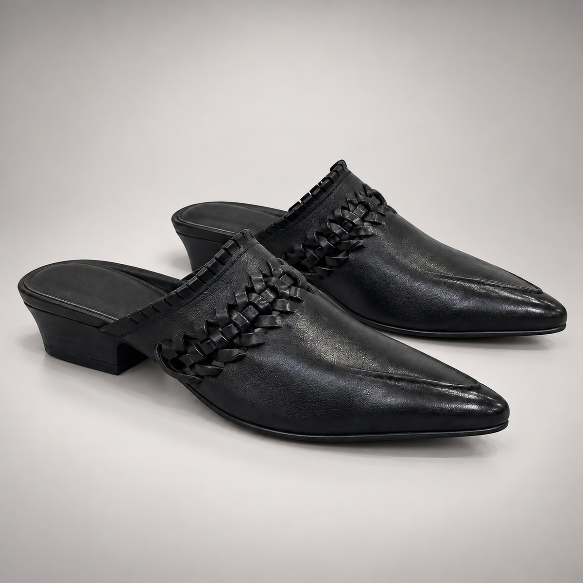 Black Horse Leather Woven-Trim Pointed-Toe Mules product view 7