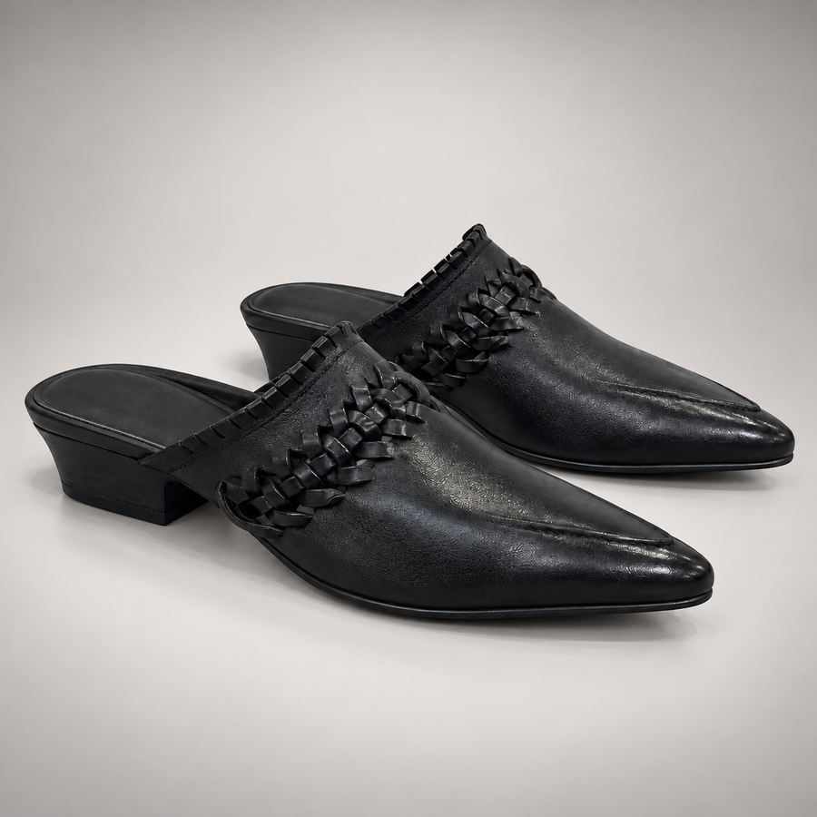 Black Horse Leather Woven-Trim Pointed-Toe Mules product view 7