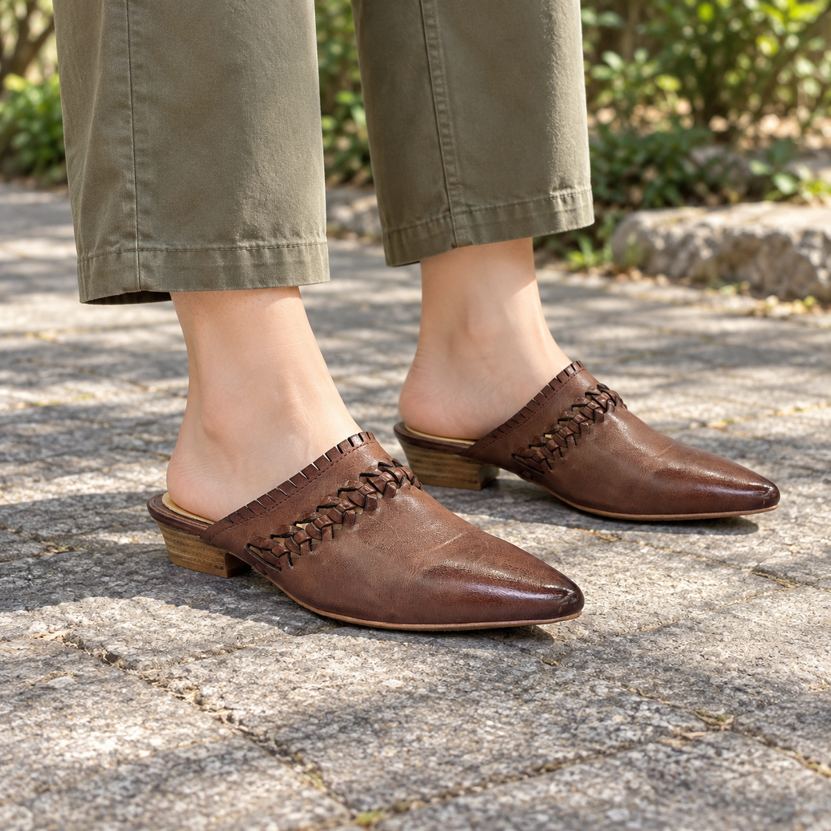 Brown Horse Leather Woven-Trim Pointed-Toe Mules on foot