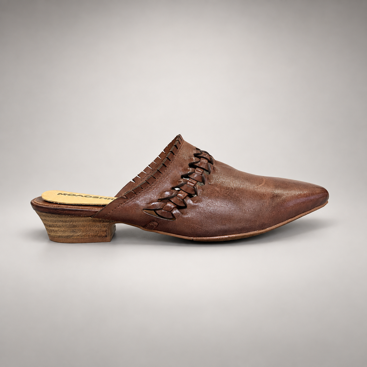 Brown Horse Leather Woven-Trim Pointed-Toe Mules product view 3