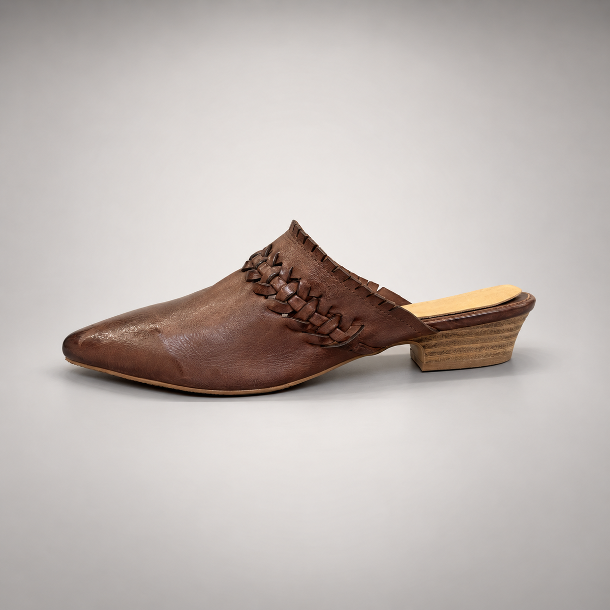 Brown Horse Leather Woven-Trim Pointed-Toe Mules product view 4