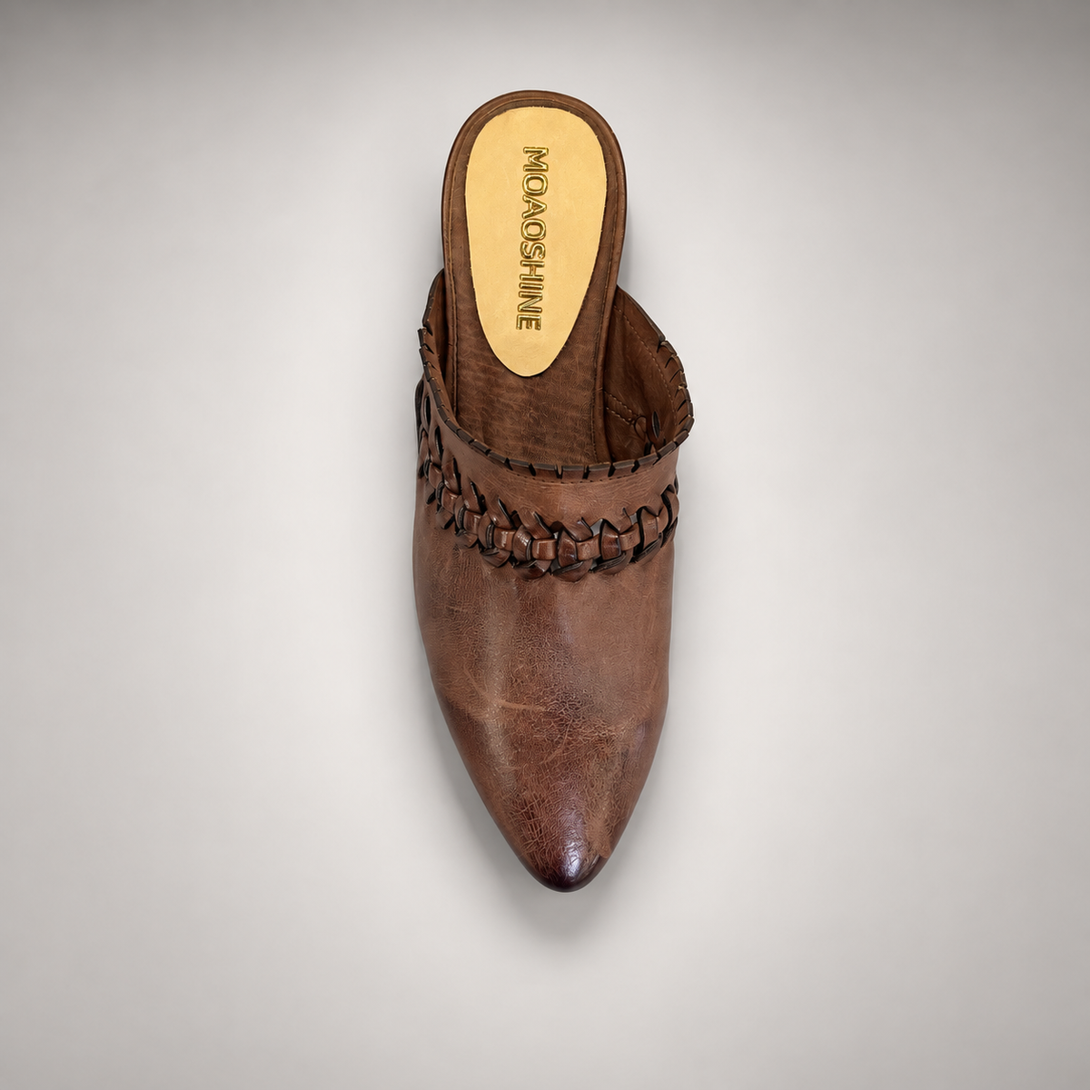 Brown Horse Leather Woven-Trim Pointed-Toe Mules product view 5
