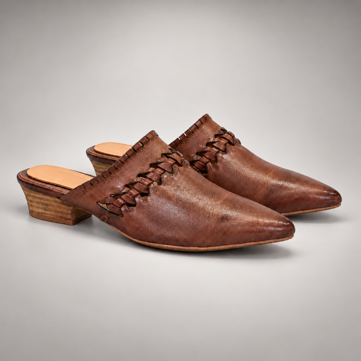 Brown Horse Leather Woven-Trim Pointed-Toe Mules product view 8