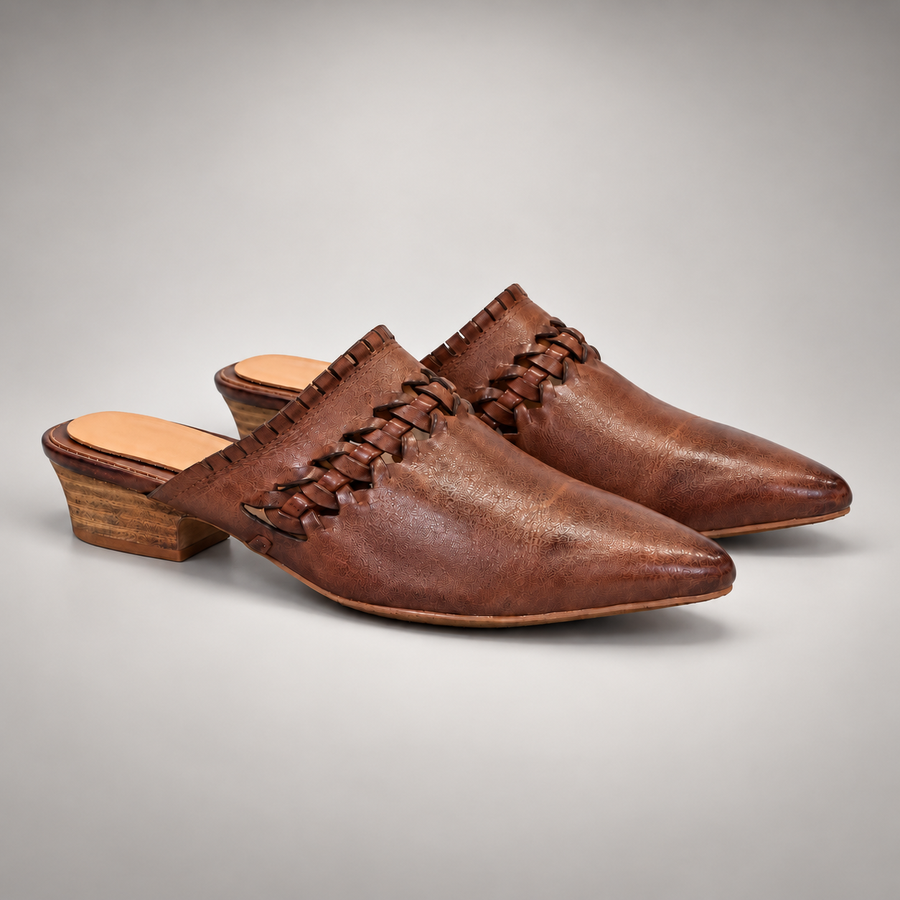 Brown Horse Leather Woven-Trim Pointed-Toe Mules product view 8