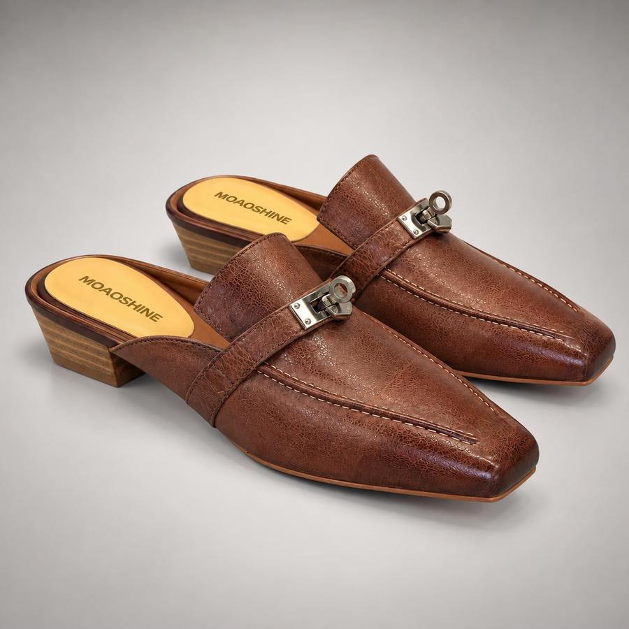 Brown Horse Leather Metal-Accent Moc-Toe Mules product view 8