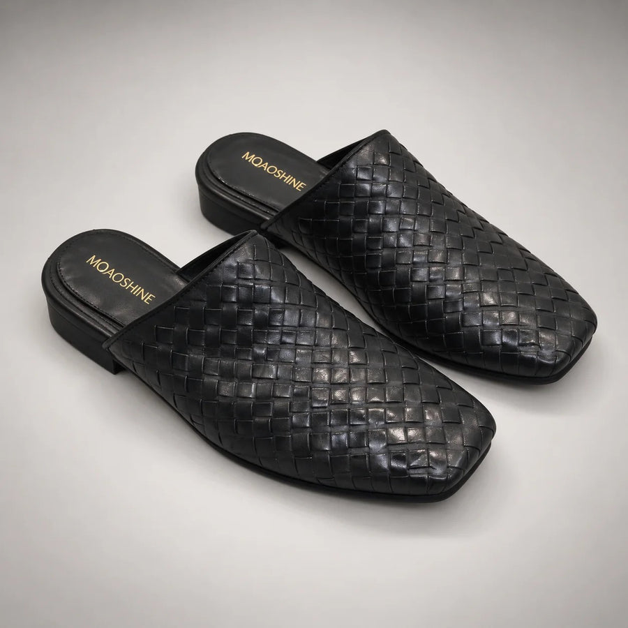 Black Washed Cowhide Woven Pointed-Toe Mules