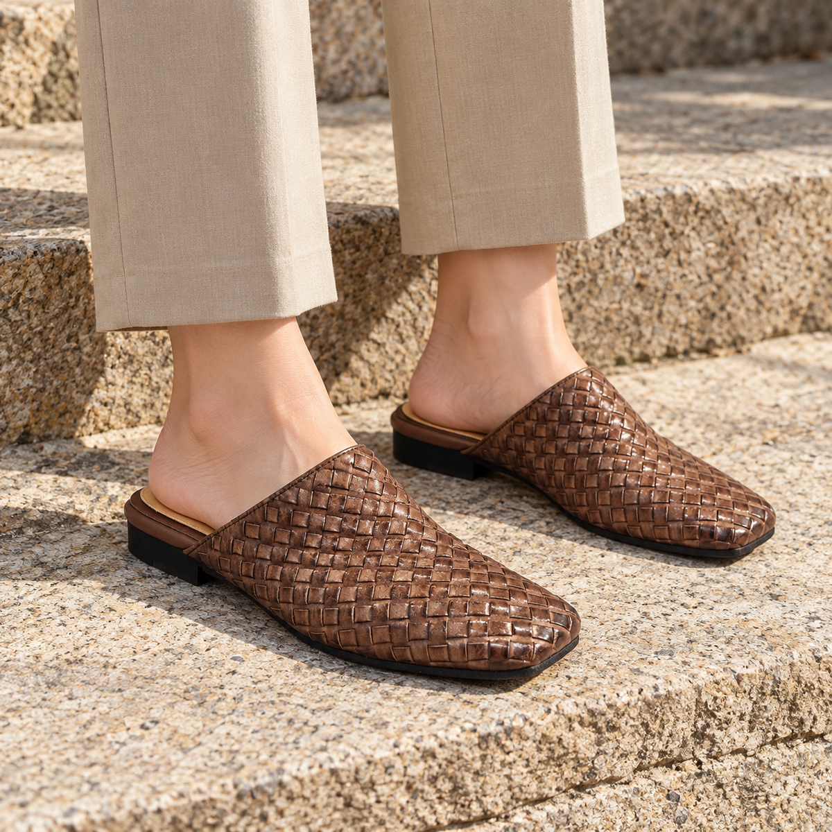 Brown Horse Leather Woven Pointed-Toe Mules on foot