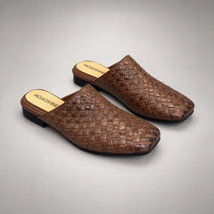 Brown Washed Cowhide Woven Pointed-Toe Mules